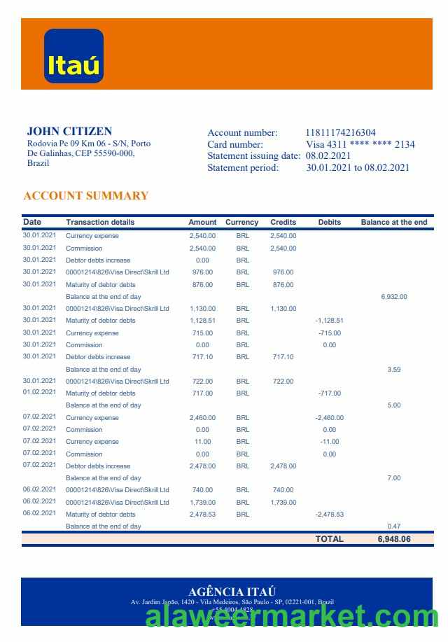 Brazil Itau bank statement template in Excel and PDF format